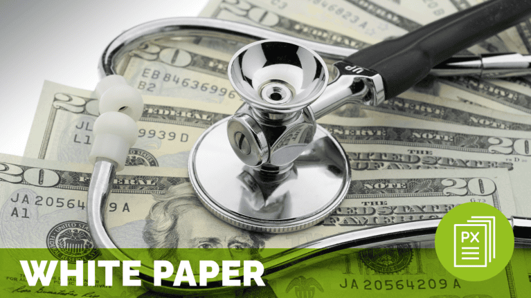 a stethoscope on top of money, meant to represent hospital financial performance