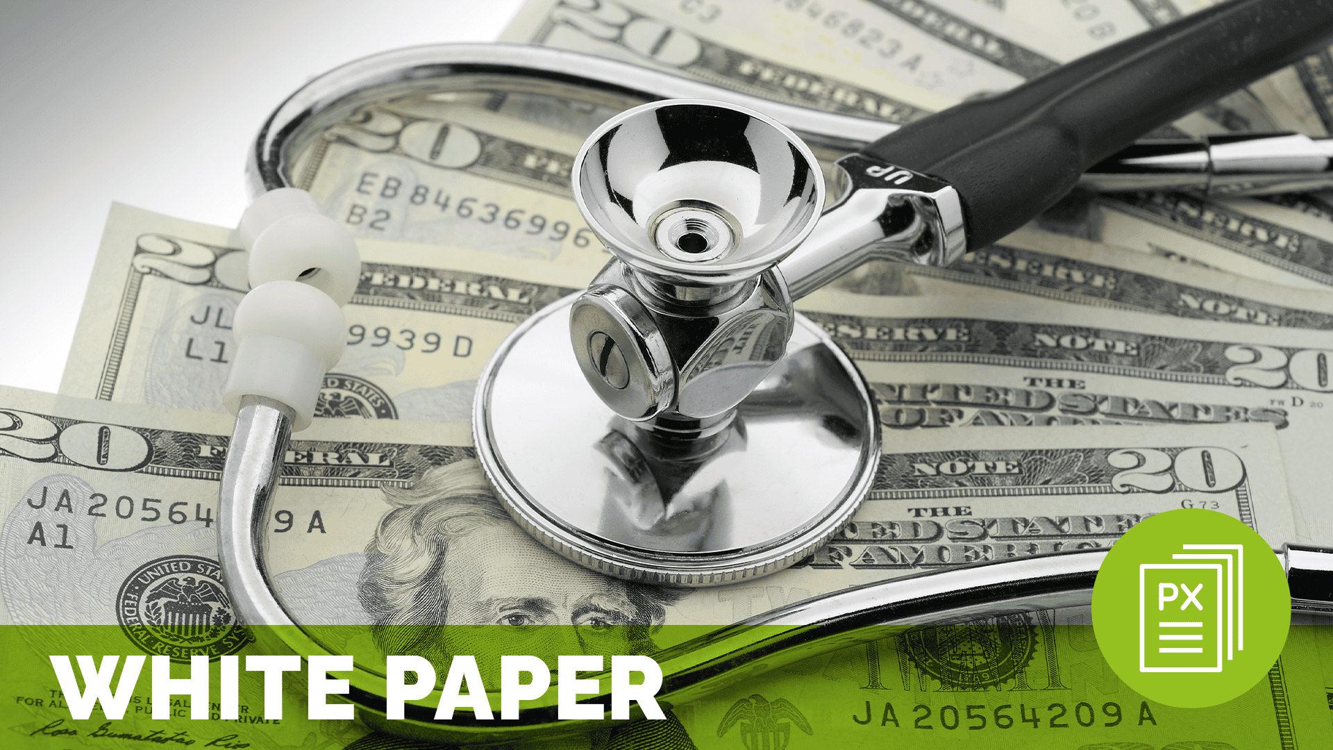 a stethoscope on top of money, meant to represent hospital financial performance