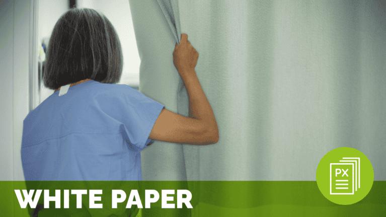 a woman holding a patient privacy curtain