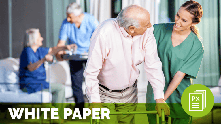 a smiling woman in scrubs helps enhance the patient experience of an elderly man with a walker while an elderly couple interacts in the background; text at the bottom of the image reads white paper