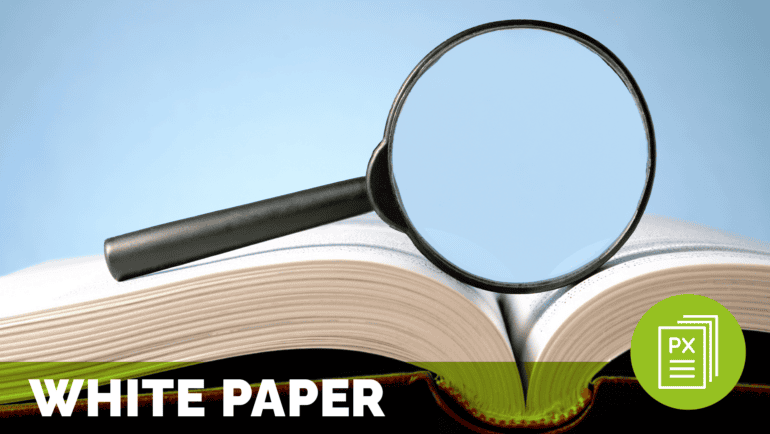 a magnifying glass on top of a book, meant to represent defining patient experience