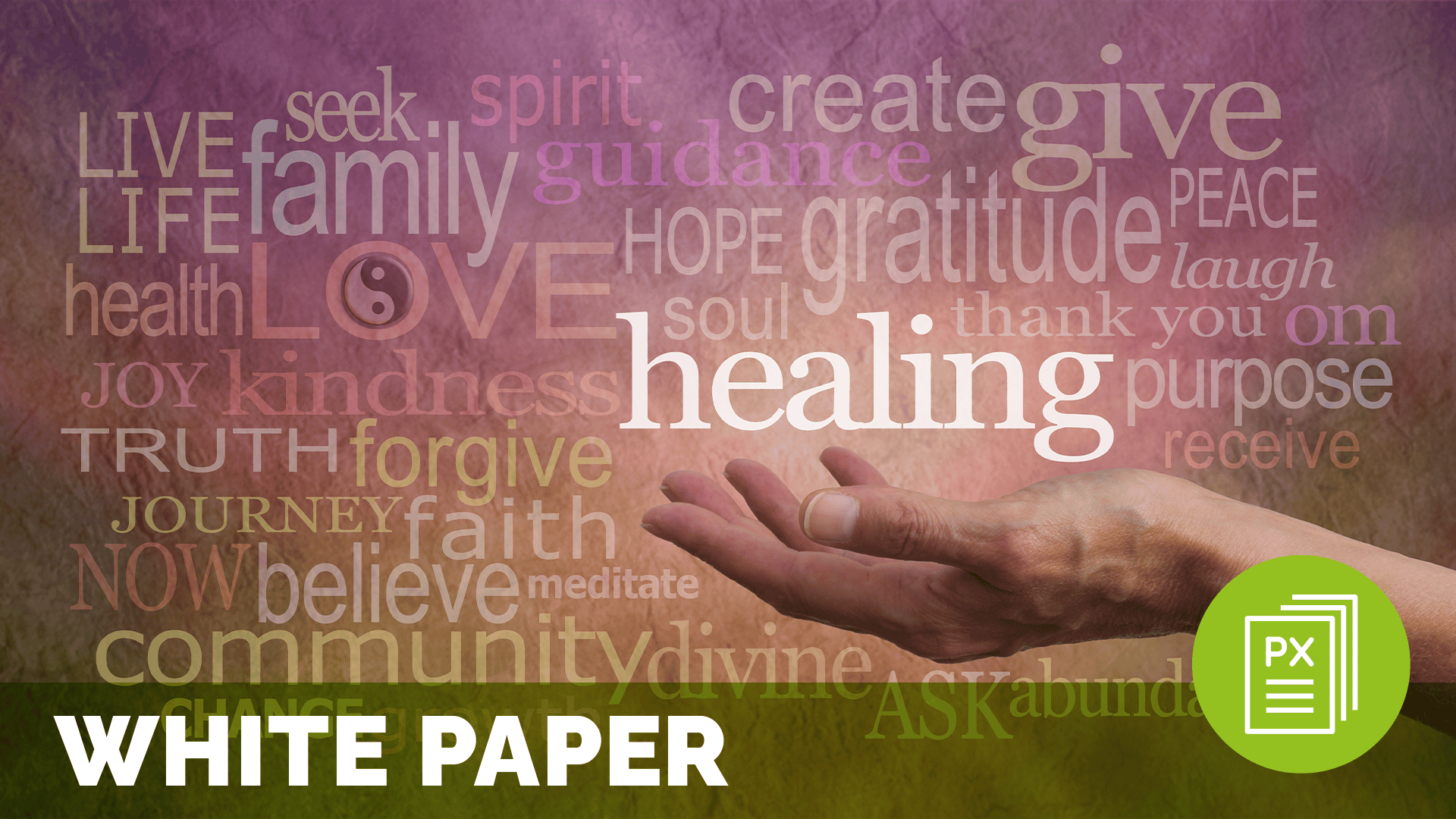 a hand with words in the background, meant to depict spirituality in patient experience