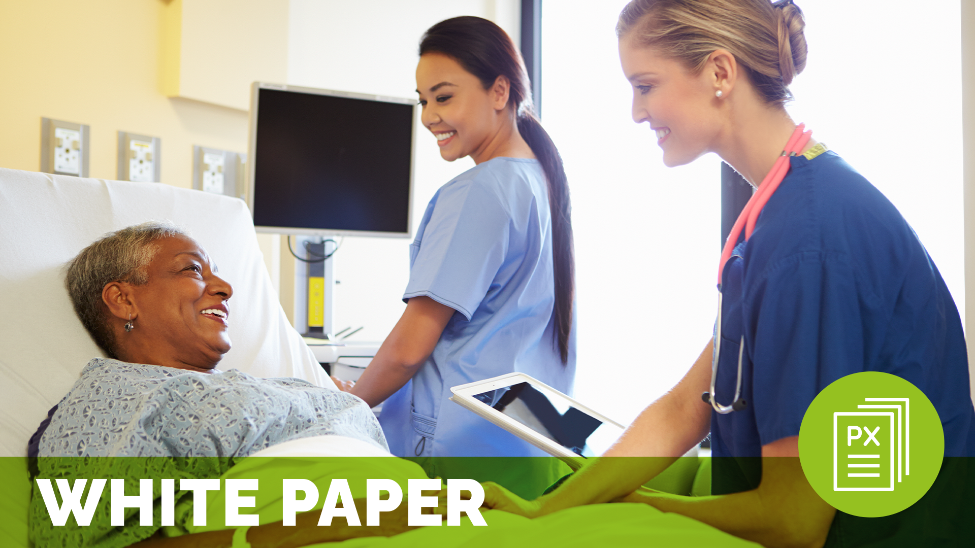 a woman in a hospital bed with a nurses by her bedside with patient experience technology
