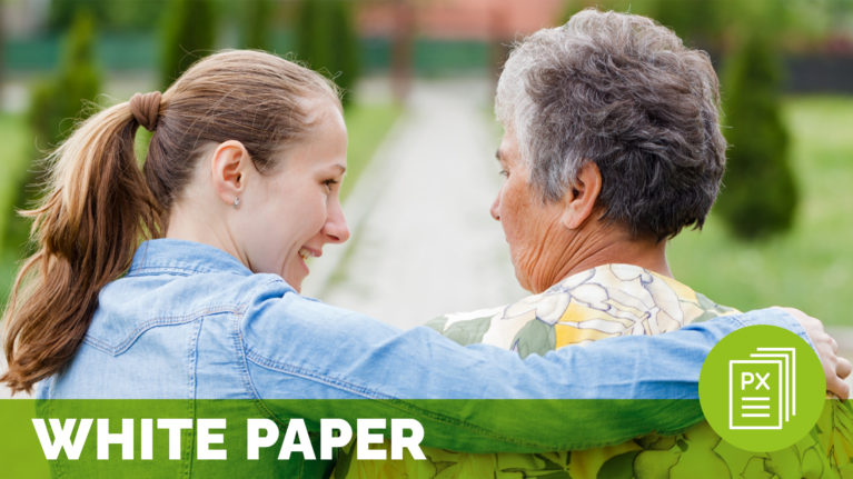 a young woman sitting with her arm around an older woman; family caregiver