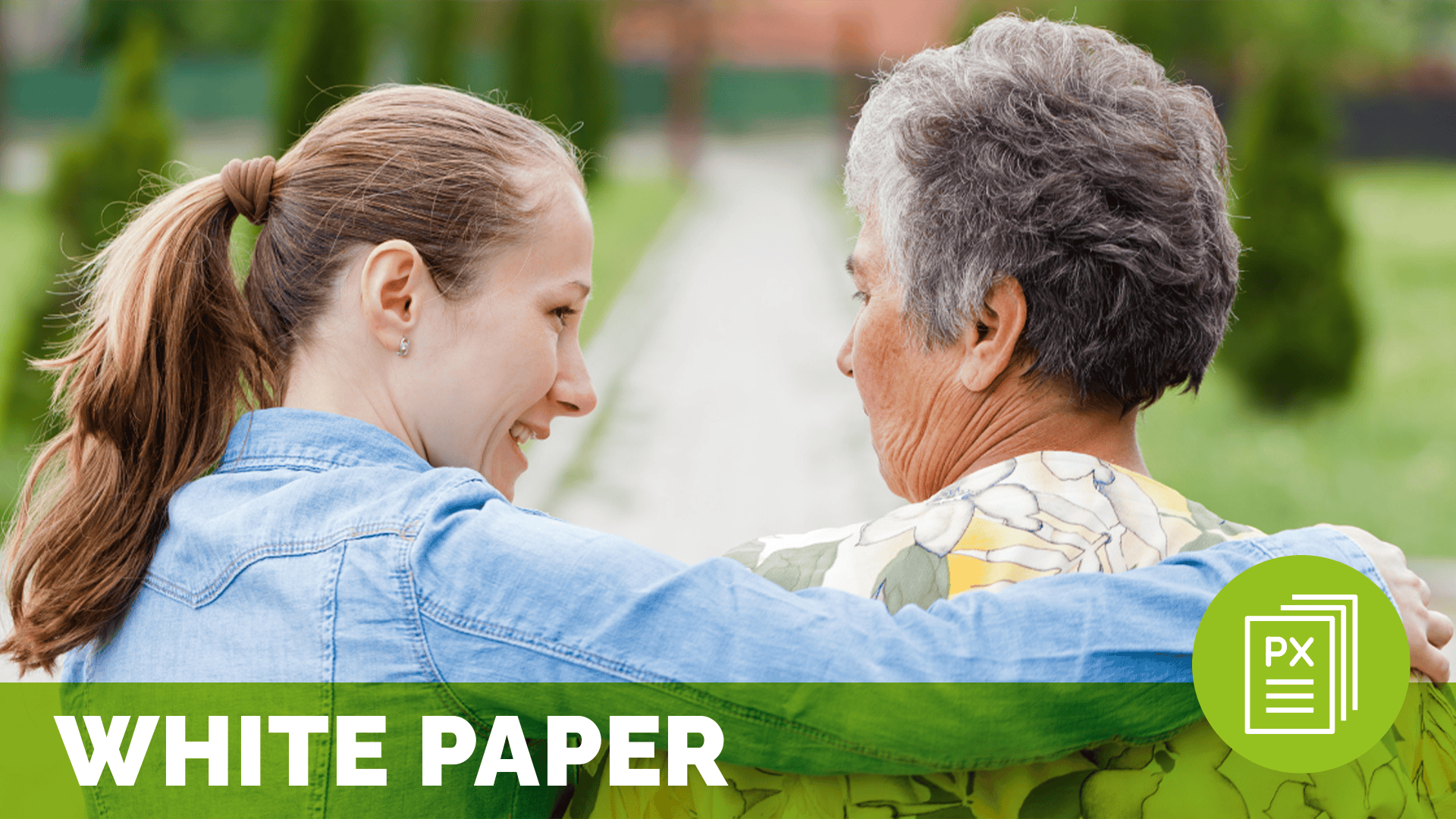 a young woman sitting with her arm around an older woman; family caregiver