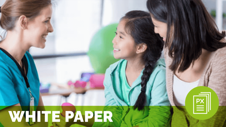 a nurse smiles at a mother and daughter, who smile back; text reads white paper; meant to represent child life