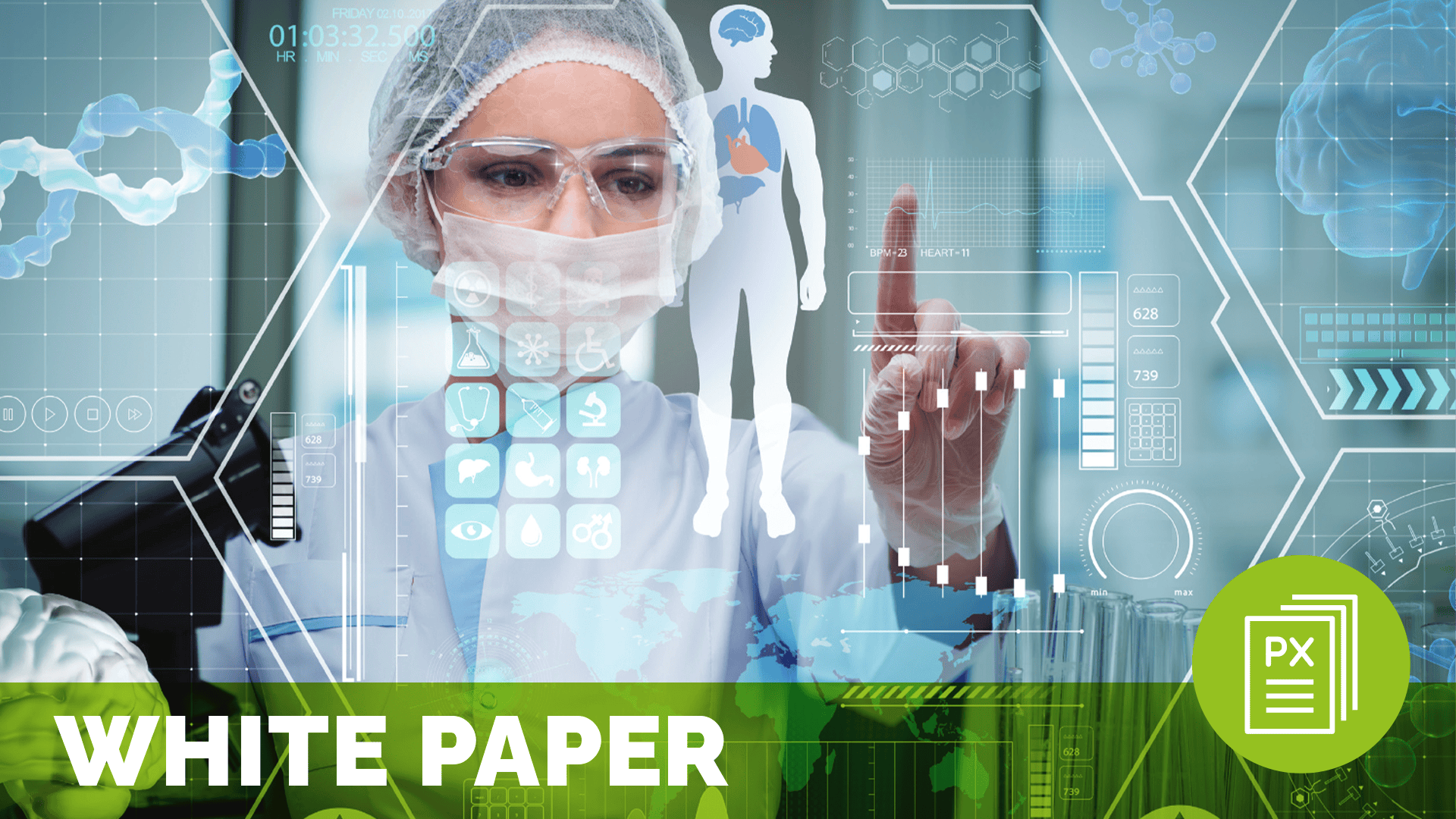 a woman in protective personal equipment interacting with a screen with medical imagery on it; meant to represent diagnostic experience; text at the bottom of the image reads white paper