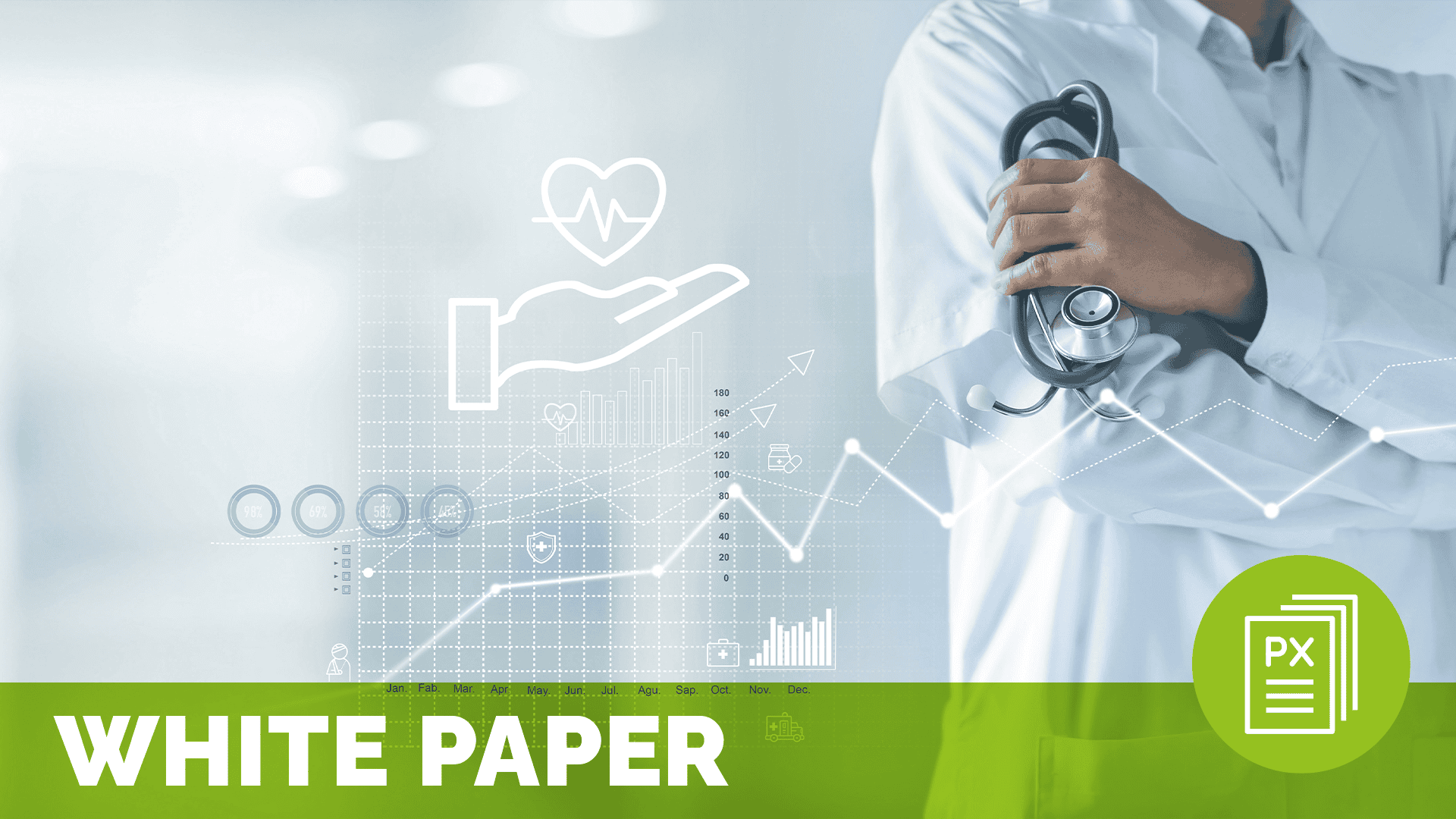 person in white lab coat holding a stethoscope against a healthcare background