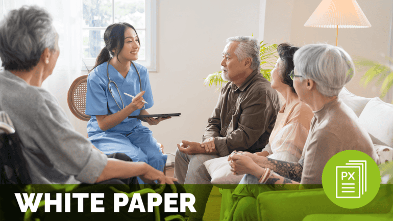 a woman holding a tablet with a stethoscope sitting and engaging in conversation with a group of elderly people