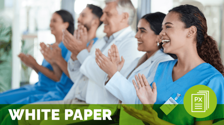 a group of smiling people clapping, meant to represent well-being in healthcare; text at the bottom of the image reads white paper