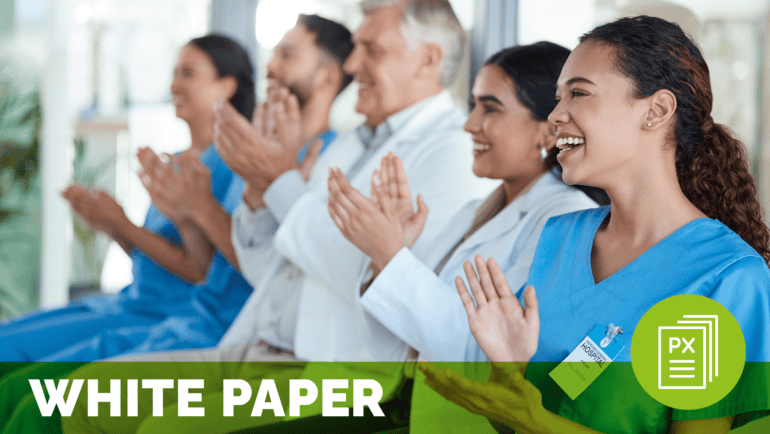 a group of smiling people clapping, meant to represent well-being in healthcare; text at the bottom of the image reads white paper