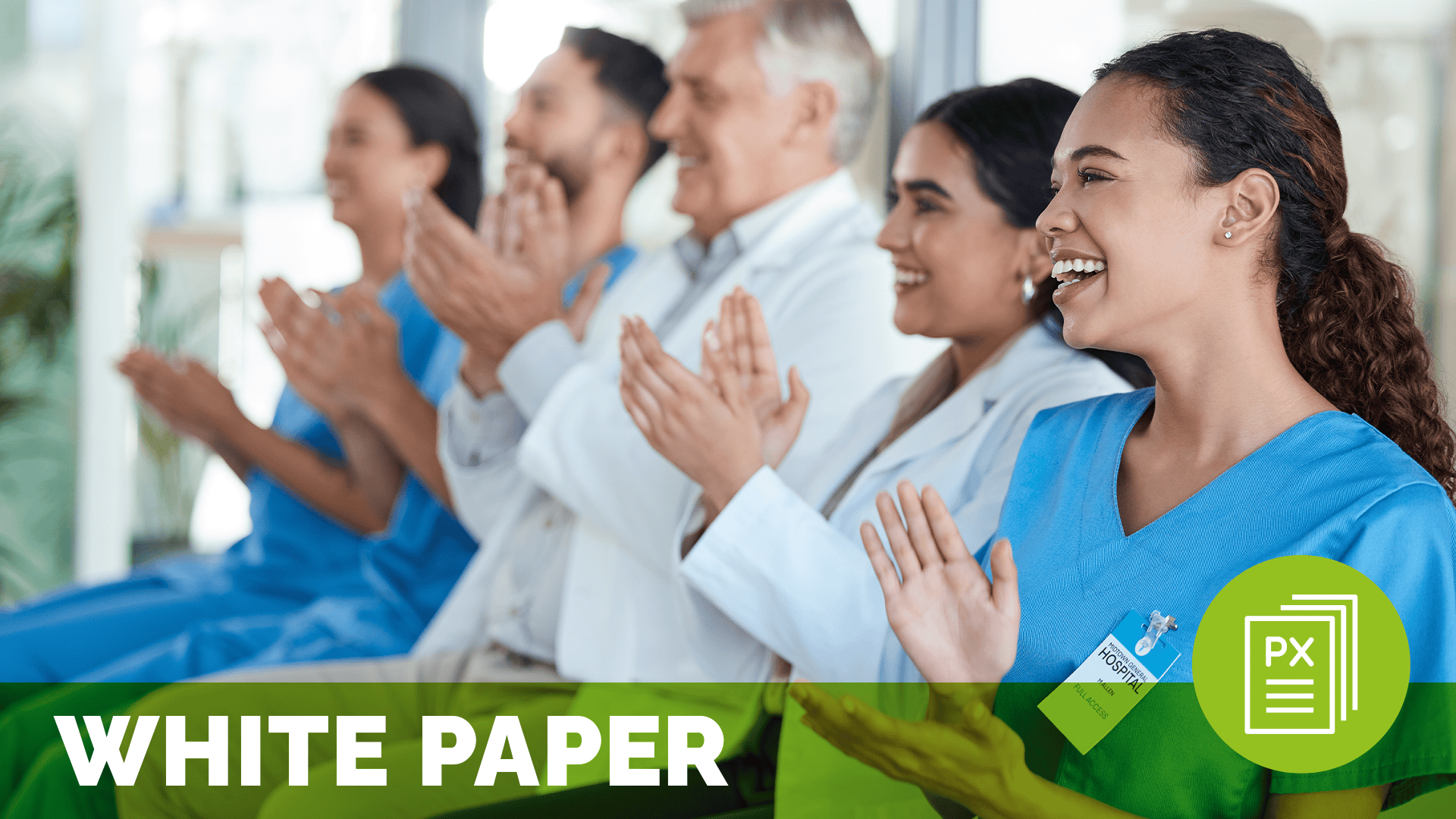 a group of smiling people clapping, meant to represent well-being in healthcare; text at the bottom of the image reads white paper
