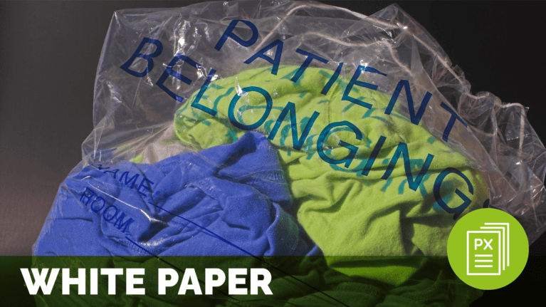 a plastic bag containing clothes with the words "patient belongings" on it; text at the bottom of the image reads white paper