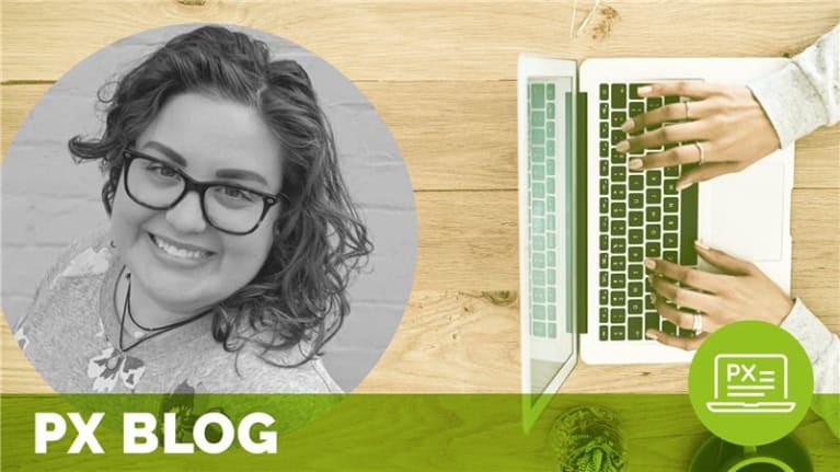 a black and white headshot of a smiling woman is overlaid atop an image of someone working at a laptop; text at the bottom of the image reads px blog