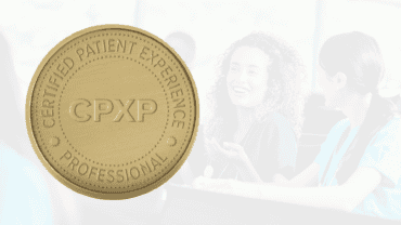 a badge emblazoned with "Certified Patient Experience Professional (CPXP)" is overlaid atop an image women in scrubs with stethoscopes engaged in discussion