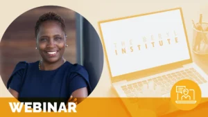 a headshot of Toya Gorley, webinar speaker on experience management, is overlaid atop an image of someone working at a laptop with the beryl institute logo on the screen; text at the bottom of the image reads webinar