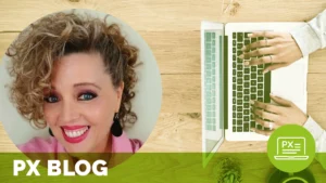 a headshot of kathy saldana, who wrote a blog on mutual respect in healthcare, is overlaid atop an image of someone working at a laptop; text at the bottom of the image reads px blog