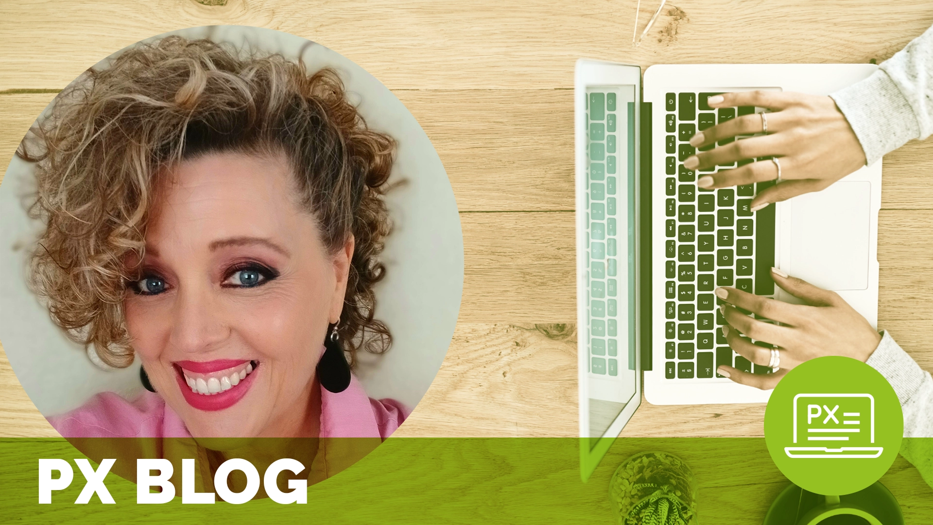a headshot of kathy saldana, who wrote a blog on mutual respect in healthcare, is overlaid atop an image of someone working at a laptop; text at the bottom of the image reads px blog