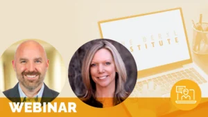 headshots of Jason Wolf and Stacy Palmer, webinar presenters on their new book, "Return on Human Experience" are overlaid atop an image of someone working at a laptop with The Beryl Institute logo on the screen; text at the bottom of the image reads webinar