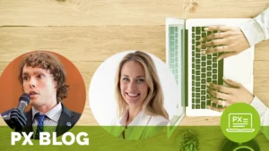 a headshot of a young man with a prosthetic and a smiling blond woman is overlaid atop an image of someone using a laptop; text at the bottom of the image reads px blog