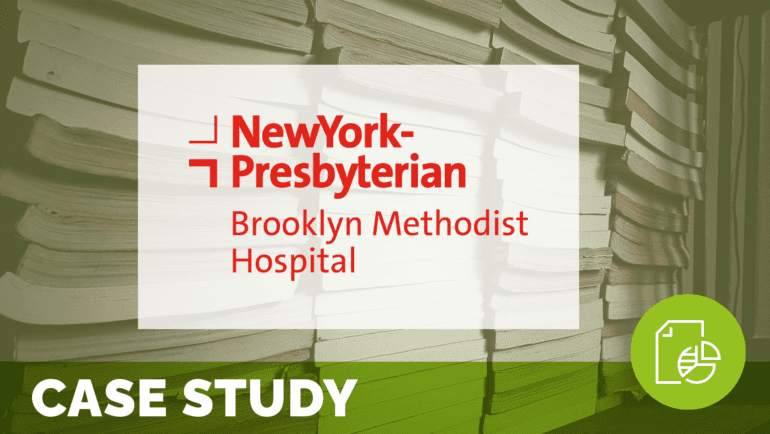 the newyork-presbyterian brooklyn methodist hospital logo is overlaid atop an image of stacks of books; text at the bottom of the image reads case study