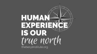 a logo design featuring white text "human experience is our true north, the beryl institute" on a grey background and a compass rose