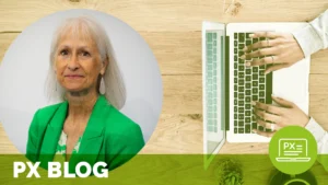 a headshot of an older woman in a green blazer overlaid atop an image of a person using a laptop; text at the bottom reads px blog