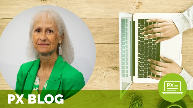 a headshot of an older woman in a green blazer overlaid atop an image of a person using a laptop; text at the bottom reads px blog