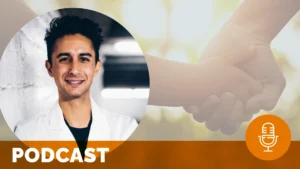 a headshot of a young male middle-eastern physician is overlaid atop an image of two people holding hands; text at the bottom of the image reads podcast
