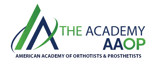 a green and blue logo with the text "the academy AAOP - american academy of orthotists and prosthetists"