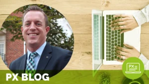 a headshot of a smiling business man against a background of someone typing on a laptop; text reads px blog