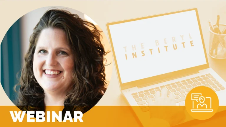headshot of smiling brunette woman; text below reads webinar; meant to represent leveraging metrics to demonstrate volunteer impact webinar