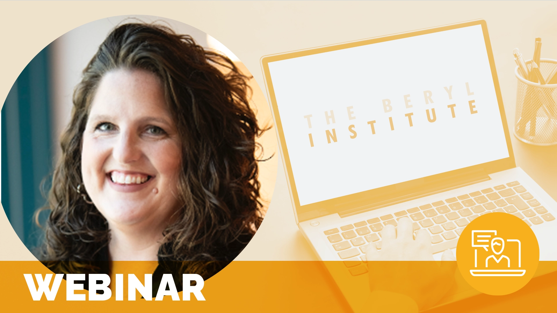 headshot of smiling brunette woman; text below reads webinar; meant to represent leveraging metrics to demonstrate volunteer impact webinar
