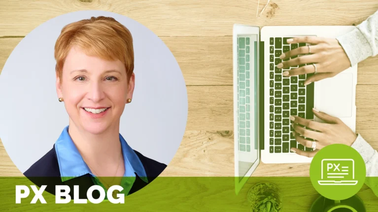 Headshot of a smiling woman against a background of someone using a laptop; bottom of the image reads PX blog and this blog is about wayfinding